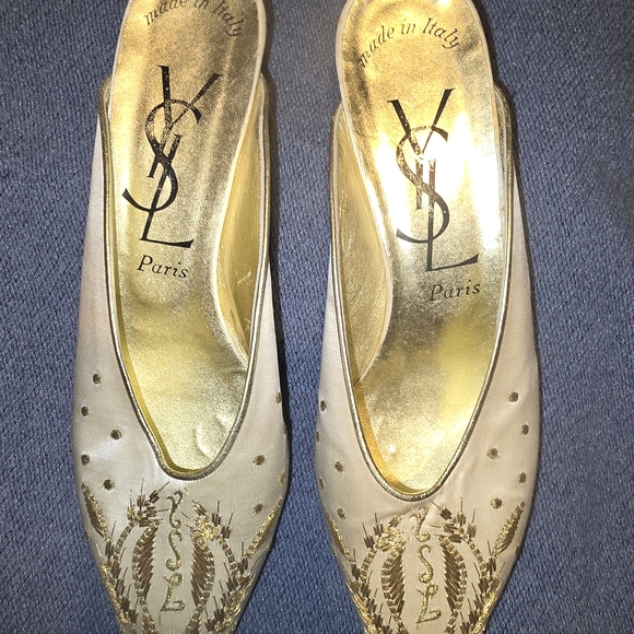 Yves Saint Laurent Gold and Cream Embroidered Mules - Picture 2 of 9